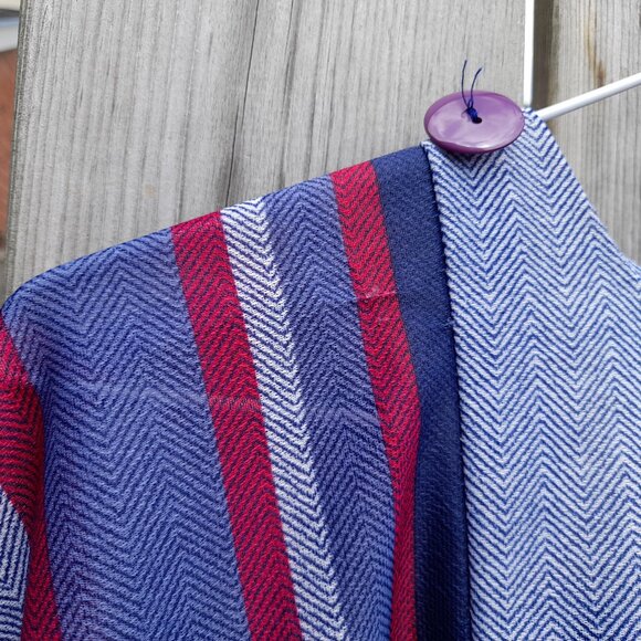 Vintage 70s Tunic Dress Kaftan 45"B Blue Red Stripes Dolman Sleeves - Picture 8 of 15